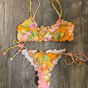 PQ SWIM Clementine Bikini Bralette Top & Teeny Lettuce Edge Tie Side Bottoms. SM